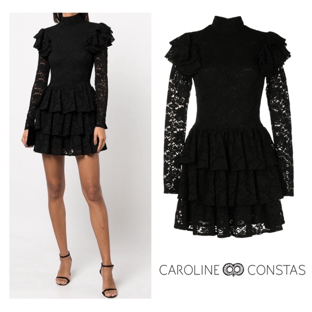New! Caroline Constas Emily Lace Ruffle Mini Dress Long Sleeve in Black - Picture 4 of 12